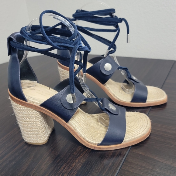 Rag & Bone Eden Navy Leather Lace Up Jute Block Espadrille Heel Sandals 38 - Picture 7 of 9